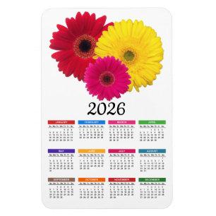 2026 Pink Yellow Red Gerbera Daisy Calendar Magnet