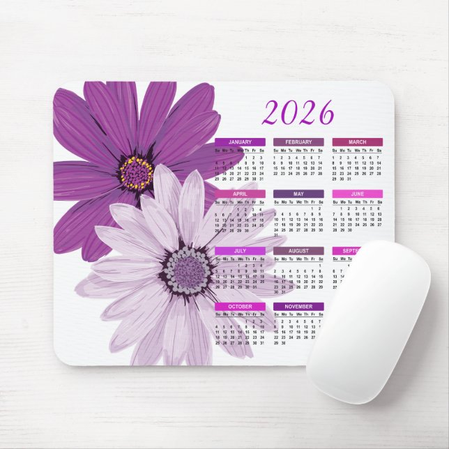 2026 Pretty Purple Daisies Calendar Mouse Pad (With Mouse)