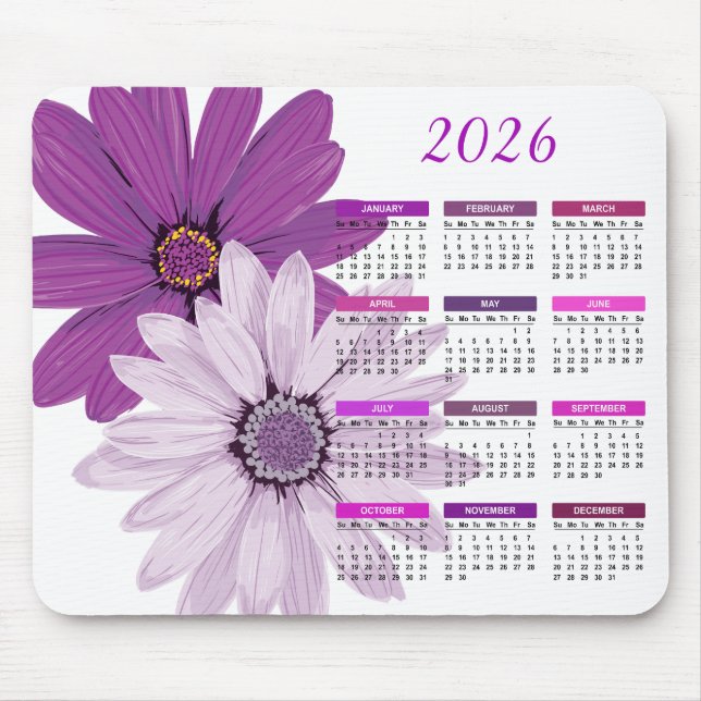 2026 Pretty Purple Daisies | Custom Calendar Mouse Pad (Front)