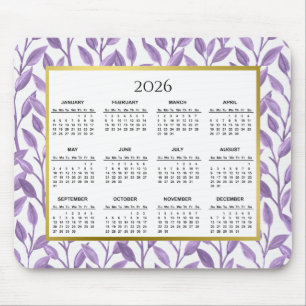 2026 Purple & Gold Floral Vines Calendar Mouse Pad