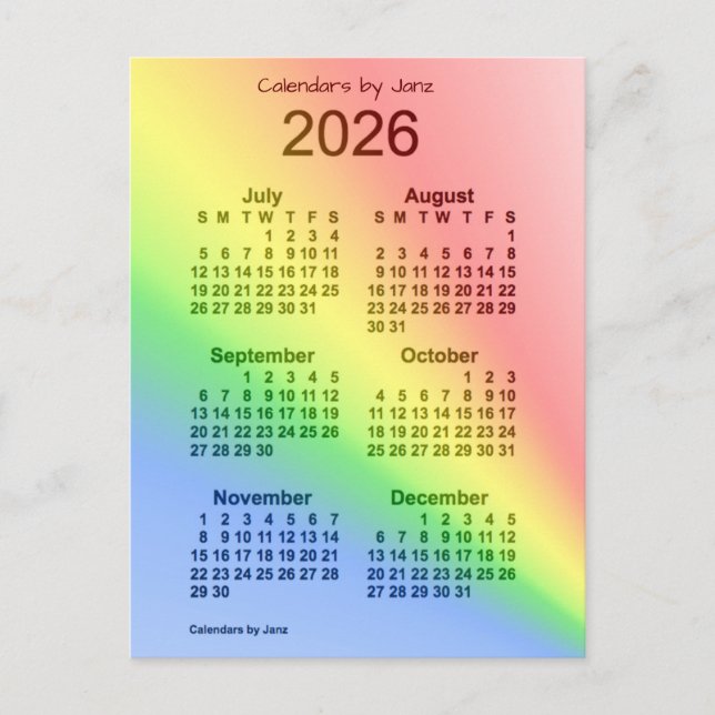 2026 Rainbow 6 Month Mini Calendar by Janz Postcard (Front)