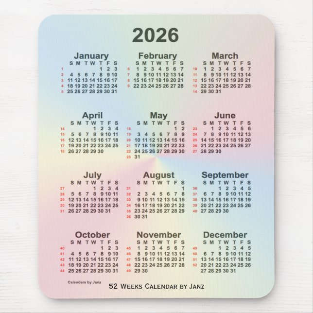 2026 Rainbow Cloud 52 Week Calendar by Janz Mouse Pad (Front)