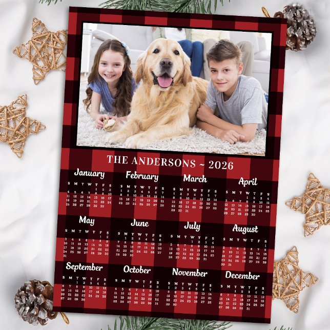 2026 Red Buffalo Plaid Family Dog Photo Calendar Holiday Card (Creator Uploaded)