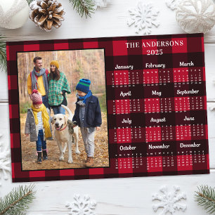 2026 Red Buffalo Plaid Personalised Photo Calendar Holiday Card