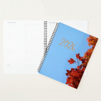 "2026" Red Maple Leaves Blue Background Planner