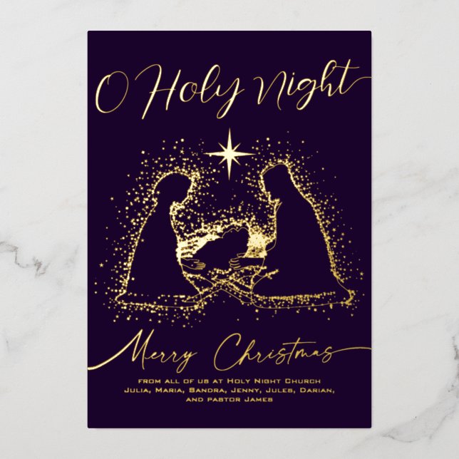2026 Religious Nativity Manger O Holy Night Script Foil Holiday Card (Front)