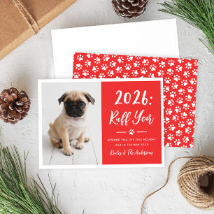 2026 Ruff Year Red Funny Dog Photo Paw Prints Holiday Card