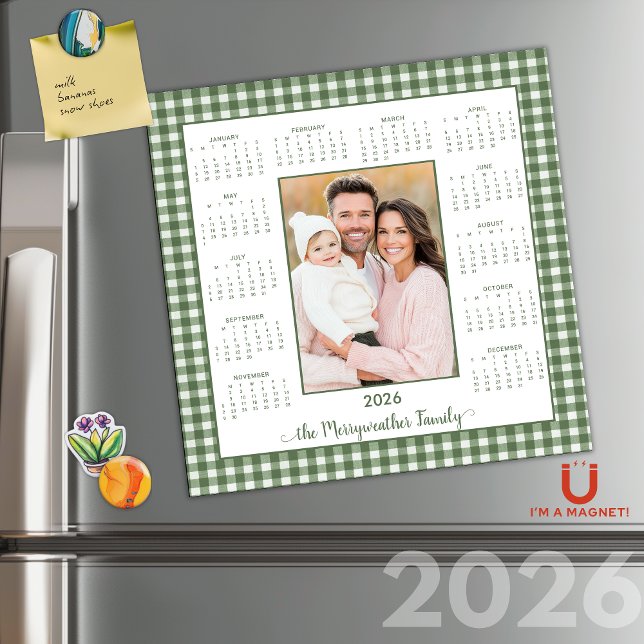 2026 Rustic Green Gingham Photo Magnetic Calendar (2026 Rustic Sage Green Gingham Photo Magnetic Calendar #cottagecore)