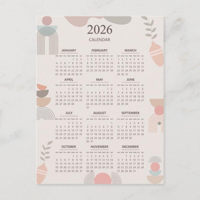 2026 Scandinavian Calendar Boho Aesthetic Beige Postcard (Front)