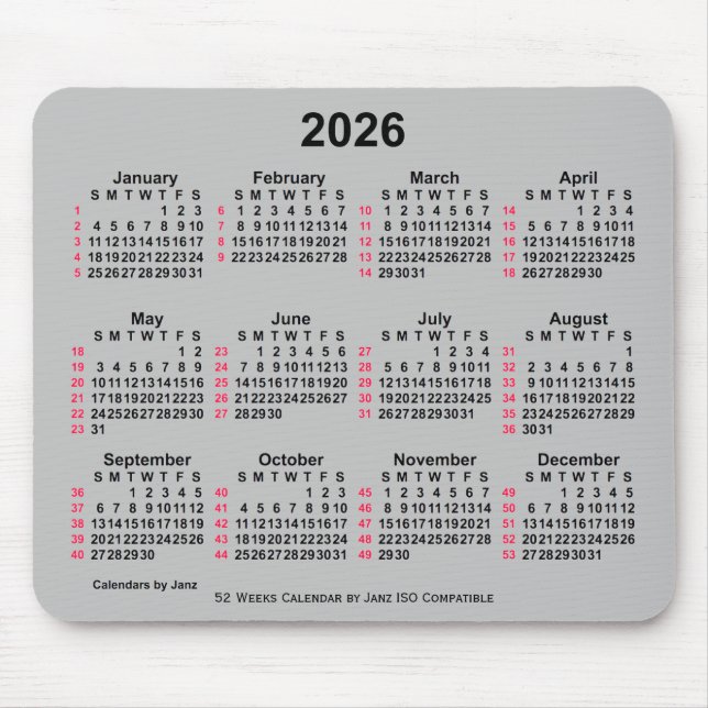 2026 Silver 52 Weeks ISO Calendar by Janz Mouse Pad (Front)