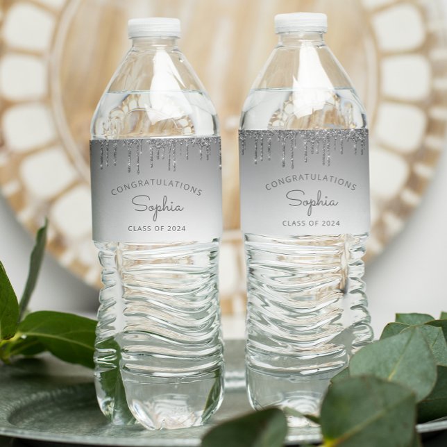 2026 Silver Glitter Drip Graduation Party Water Bottle Label (Creator Uploaded)