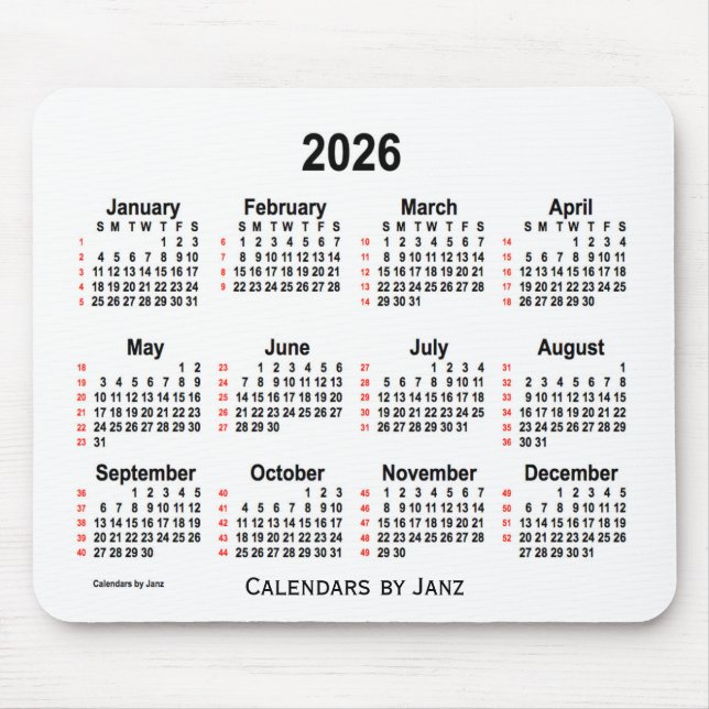 2026 White 52 Weeks Calendar by Janz Mouse Pad (Front)