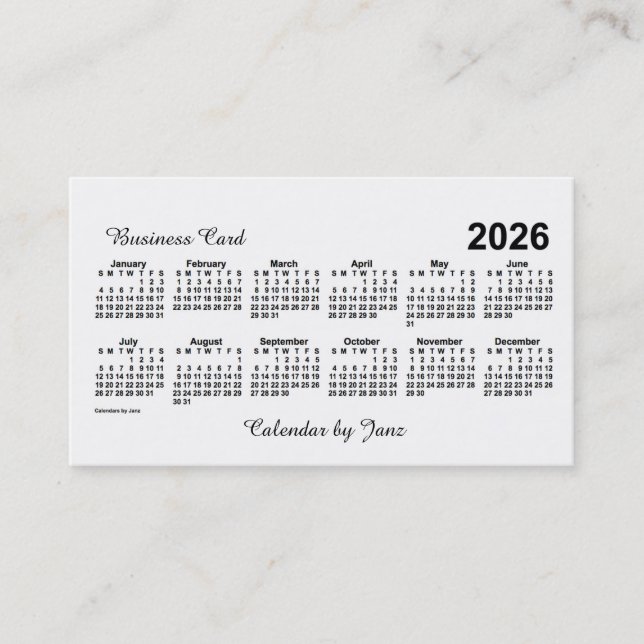 2026 White Calendar by Janz Business Card (Front)