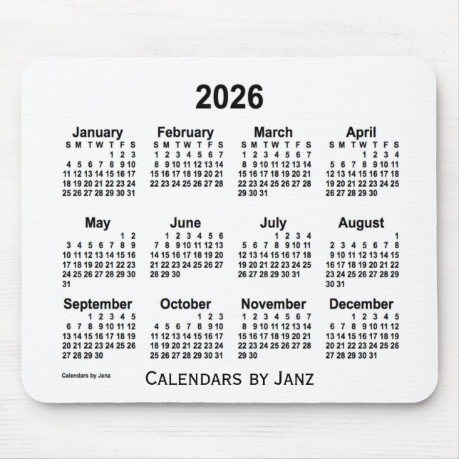 2026 White Calendar by Janz Mouse Pad (Front)