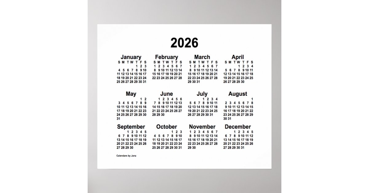 2026 White Calendar by Janz Print Zazzle