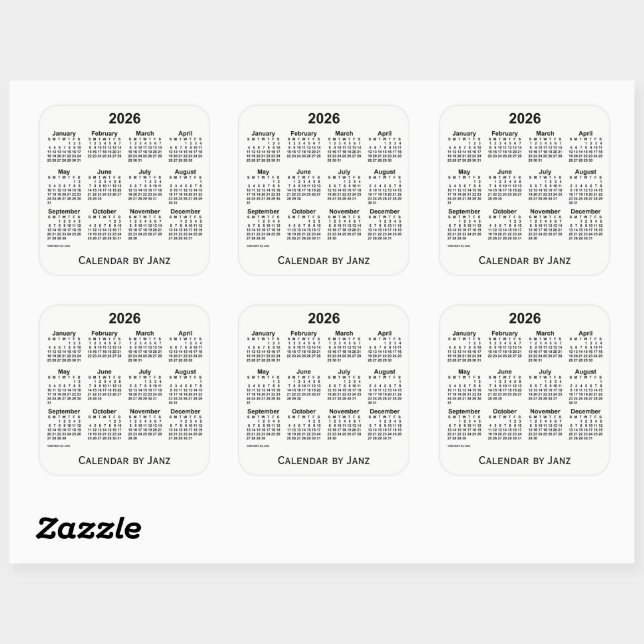 2026 White Calendar by Janz Square Sticker (Sheet)