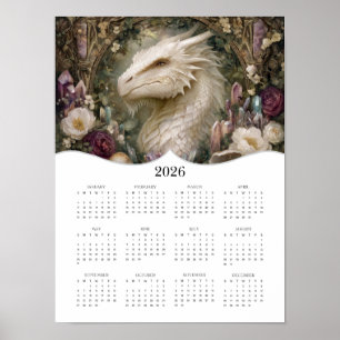 2026 White Dragon Fantasy Art Full Year Calendar Poster