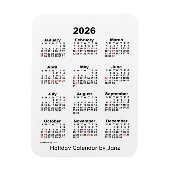 2026 White  Holiday Calendar by Janz Magnet (Vertical)