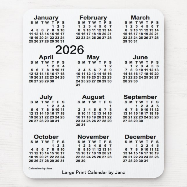 2026 White Large Print Calendar by Janz Mouse Pad (Front)