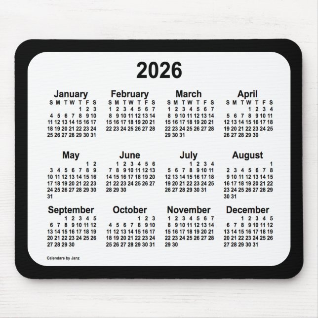 2026 White on Black Calendar by Janz Two Tone Mouse Pad (Front)