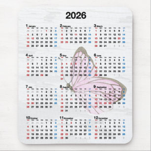 2026 Year Calendar and Pink Butterfly Mouse Pad