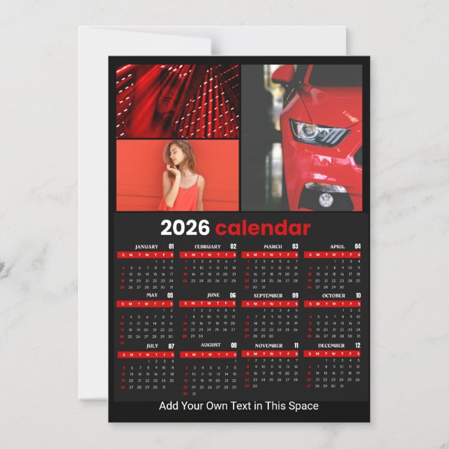 2026 Year Calendar Black Red Personalised Photo Magnetic Invitation (Front)