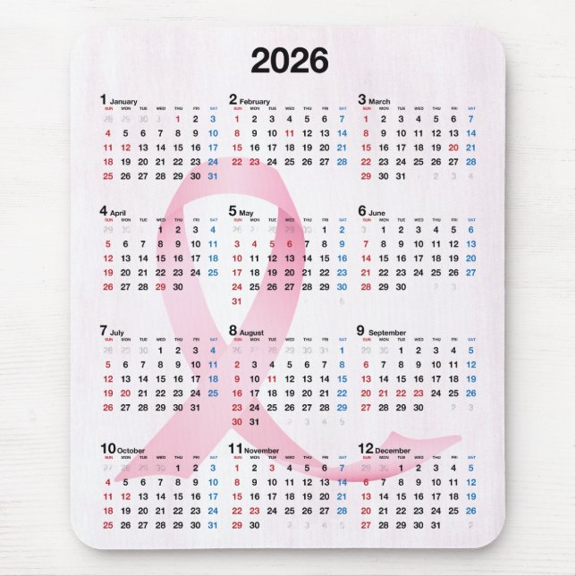 2026 Year Calendar Pink Ribbon Mouse Pad (Front)