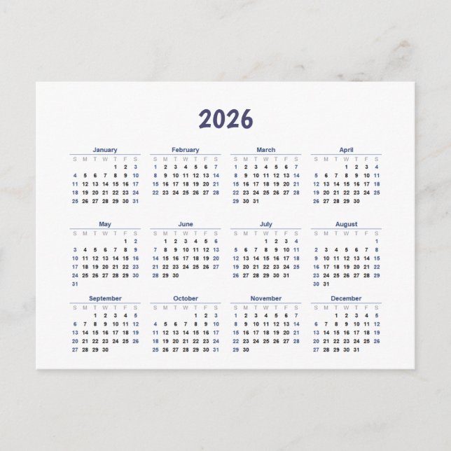 2026 Year Monthly Calendar All Days  Postcard (Front)
