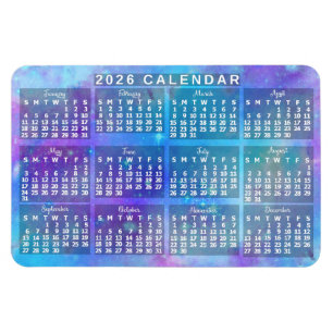 2026 Year Monthly Calendar Blue Watercolor Stars Magnet