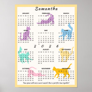 2026 Year Monthly Calendar Cute Pastel Playful Cat Poster
