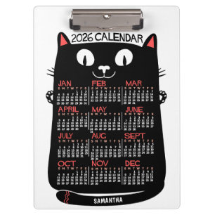 2026 Year Monthly Calendar Mid-Century Black Cat Clipboard