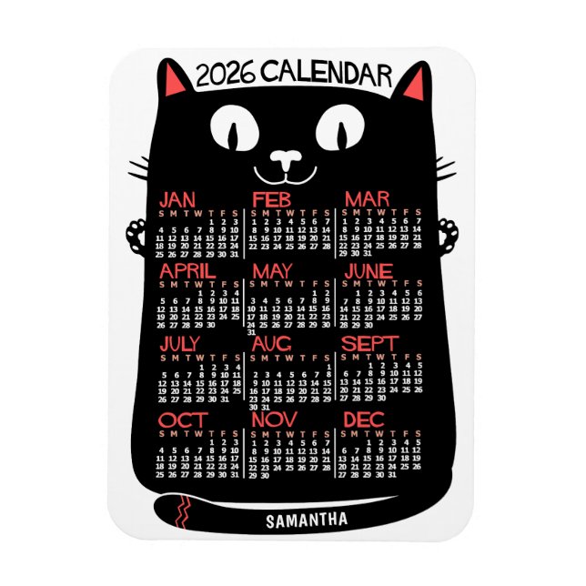 2026 Year Monthly Calendar Mid-Century Black Cat Magnet (Vertical)