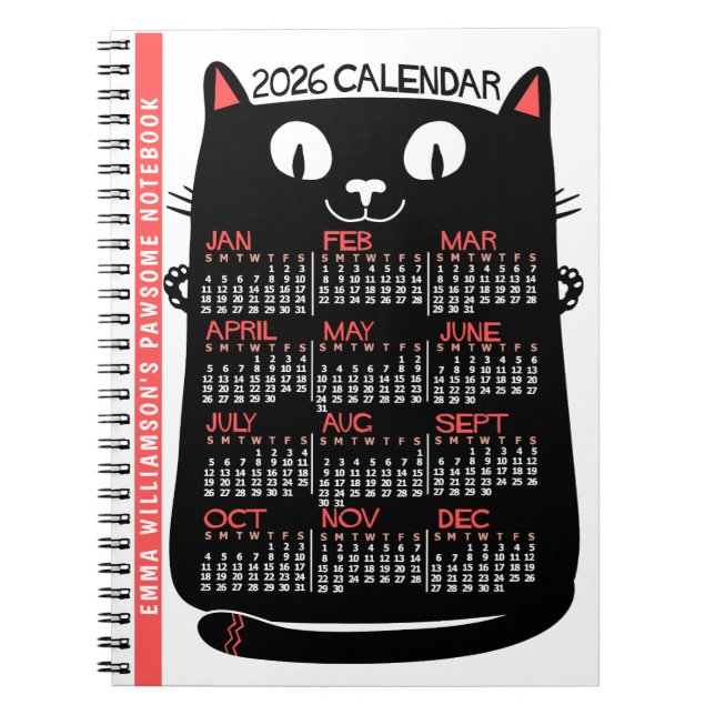 2026 Year Monthly Calendar Mid-Century Black Cat Notebook (Front)