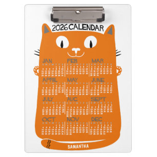 2026 Year Monthly Calendar Mid-Century Orange Cat Clipboard