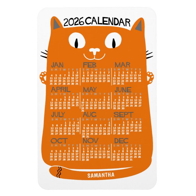 2026 Year Monthly Calendar Mid-Century Orange Cat Magnet (Vertical)