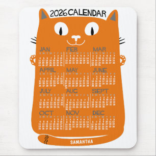 2026 Year Monthly Calendar Mid-Century Orange Cat Mouse Pad