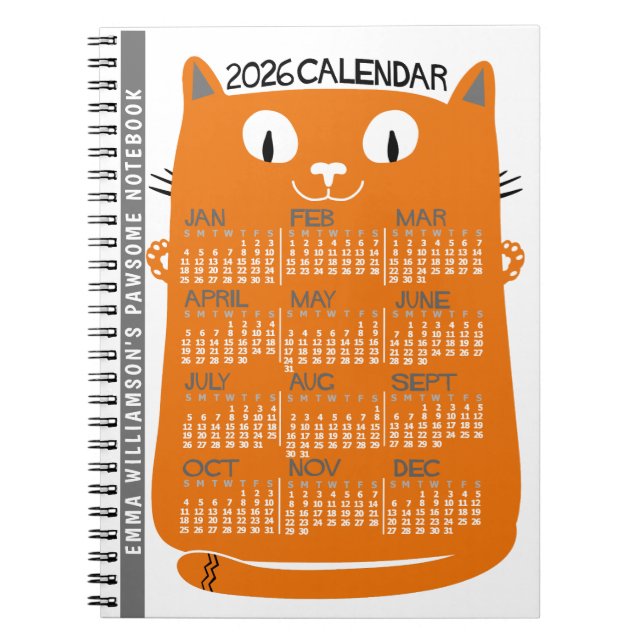 2026 Year Monthly Calendar Mid-Century Orange Cat Notebook (Front)