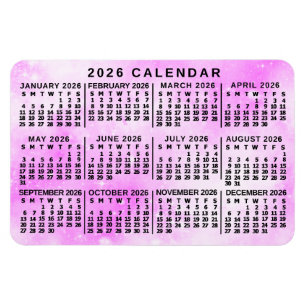 2026 Year Monthly Calendar Pink Watercolor Stars Magnet