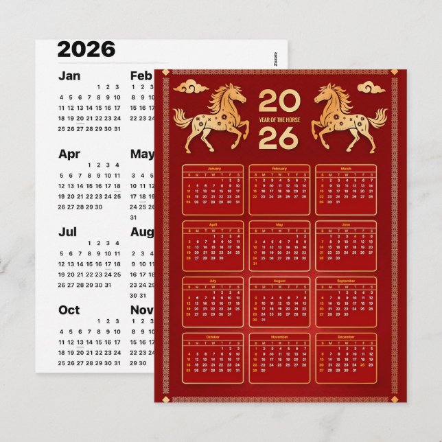 2026 Year of Horse Chinese Wall Calendar Holiday Postcard (Front/Back)