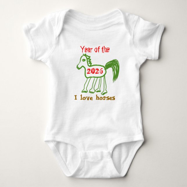  2026 Year of the Horse Fun Green Horse Baby Bodysuit (Front)