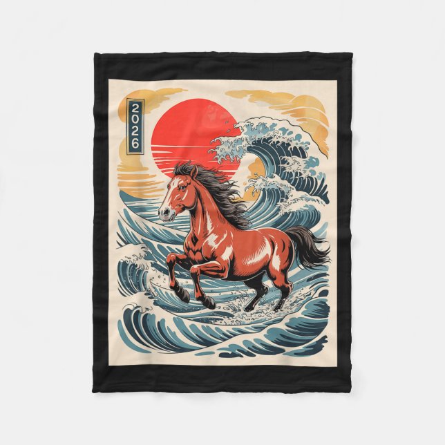 2026 Year Of The Horse Japanese Wave Art Lunar New Fleece Blanket (Front)