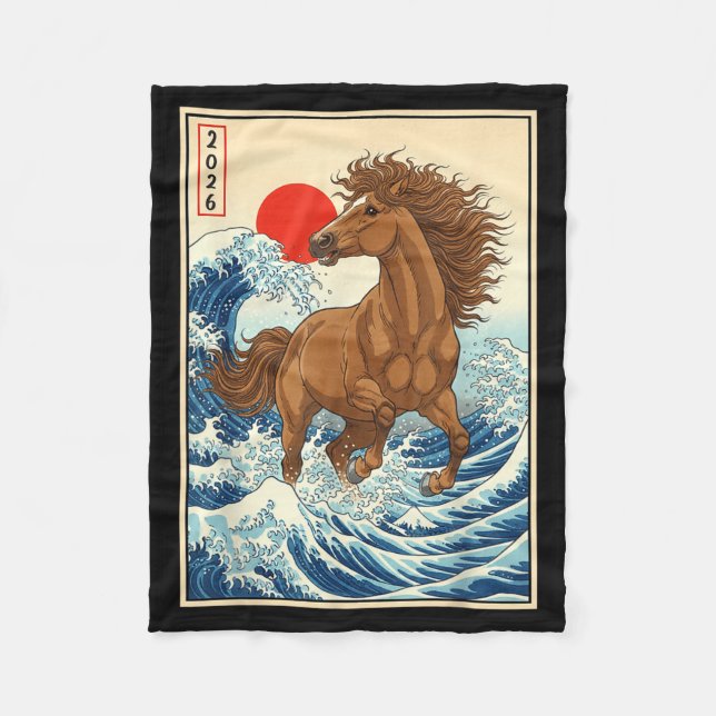 2026 Year Of The Horse Japanese Wave Art Lunar New Fleece Blanket (Front)