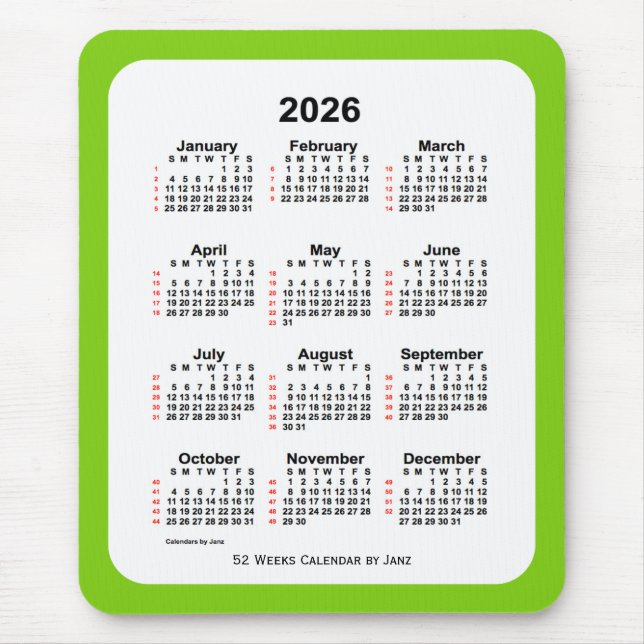 2026 Yellow Green 52 Week Calendar by Janz Mouse Pad (Front)