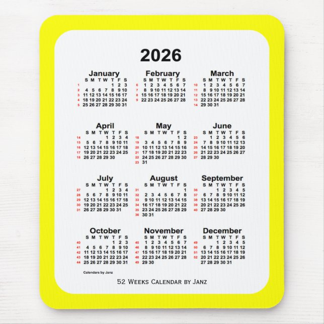 2026 Yellow Two Tone 52 Week Calendar by Janz Mouse Pad (Front)