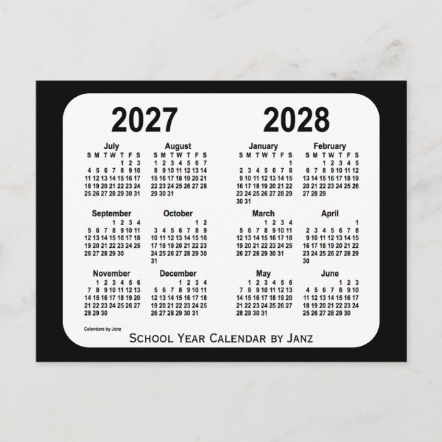 2027-2028 Black and White  School Calendar by Janz Postcard (Front)