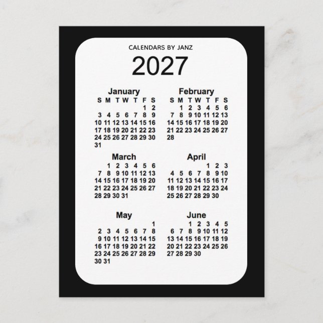 2027 Black 6 Month Mini Calendar by Janz Postcard (Front)