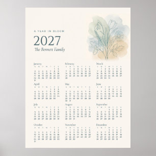 2027 Botanical Year Calendar Poster Family Name