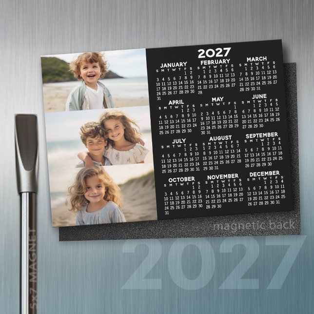 2027 Calendar - 3 Photos - Basic Black Magnet (2027 Calendar Magnet)