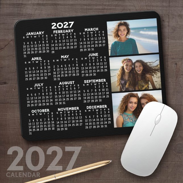 2027 Calendar 3 Photos Basic Black Minimal Mouse Pad (2027 Calendar Mousepad)
