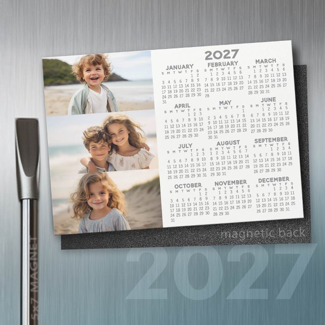 2027 Calendar - 3 Photos - Basic Grey White Magnet (2027 Calendar)